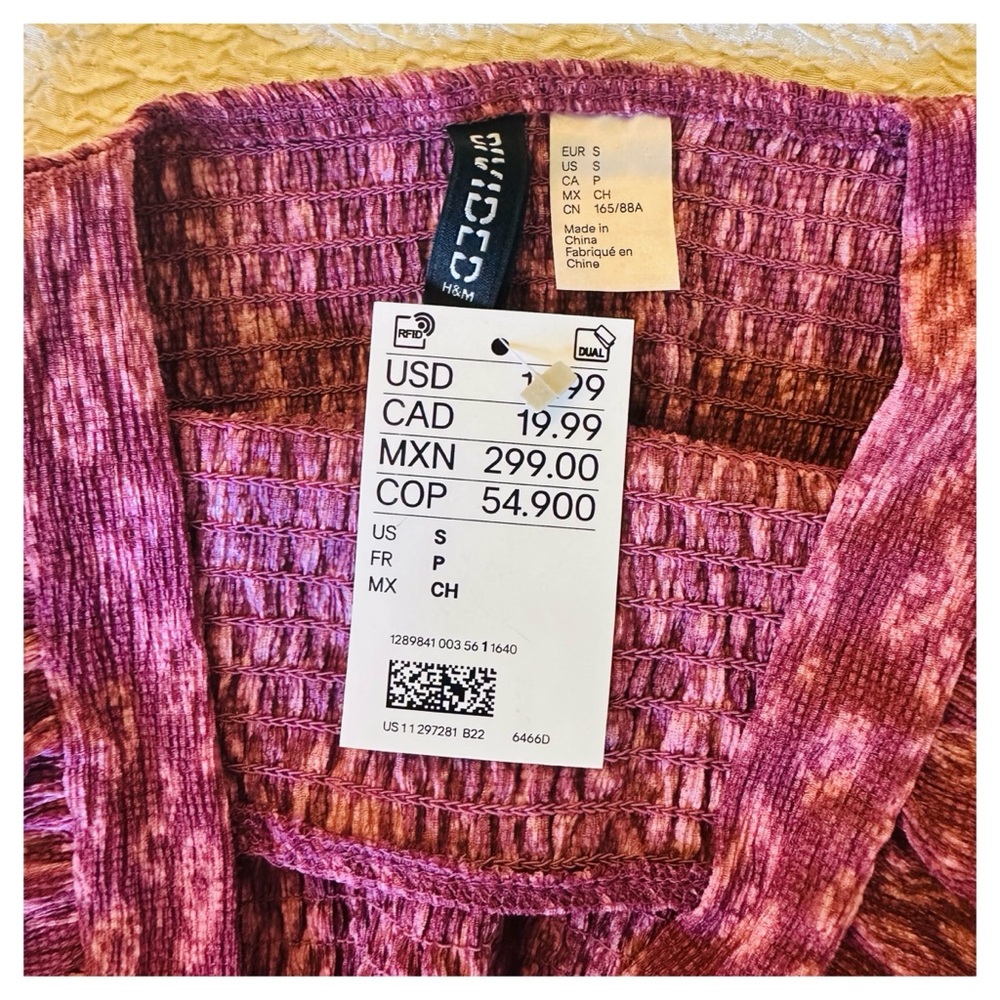 H&M Ruffle Smocked Crop Top Small Pink Pattern NWT - Picture 7 of 8